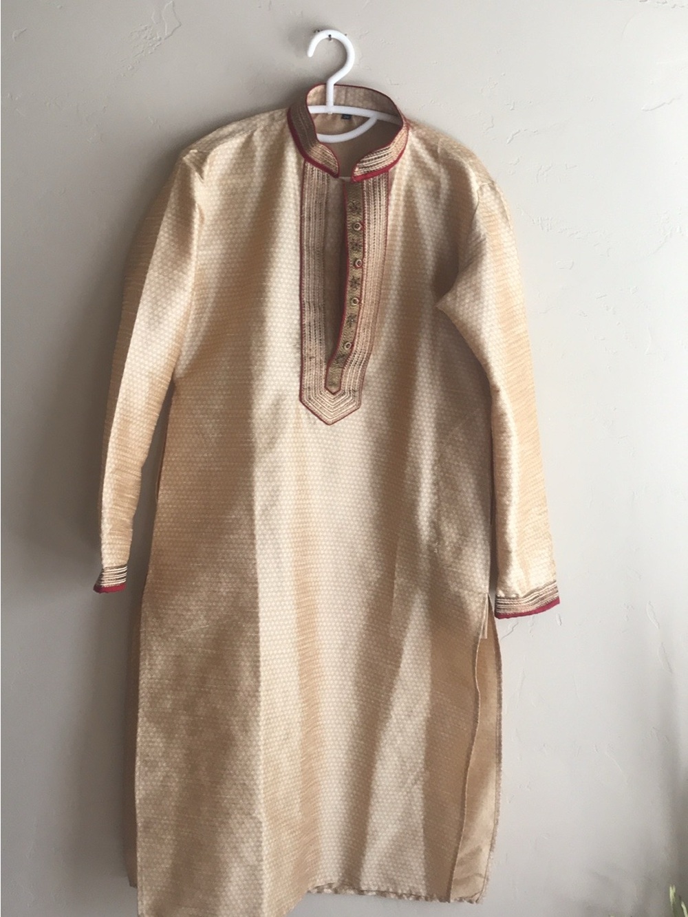 Cream Embroidered Kids Kurta Dress with Red Trim